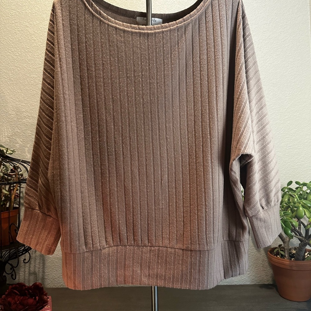 Tan Crew Neck Sweater with Relaxed Fit and Ribbed Texture